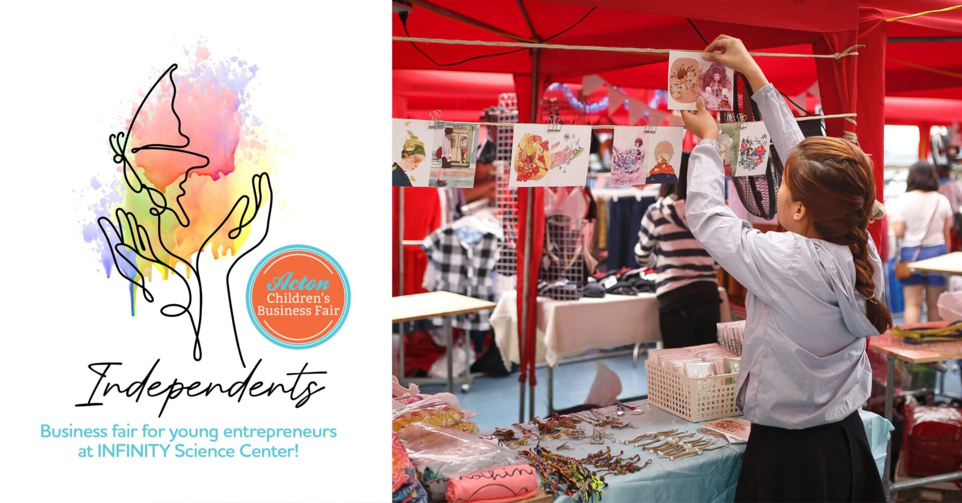 A young girl pinning a photo to a thread