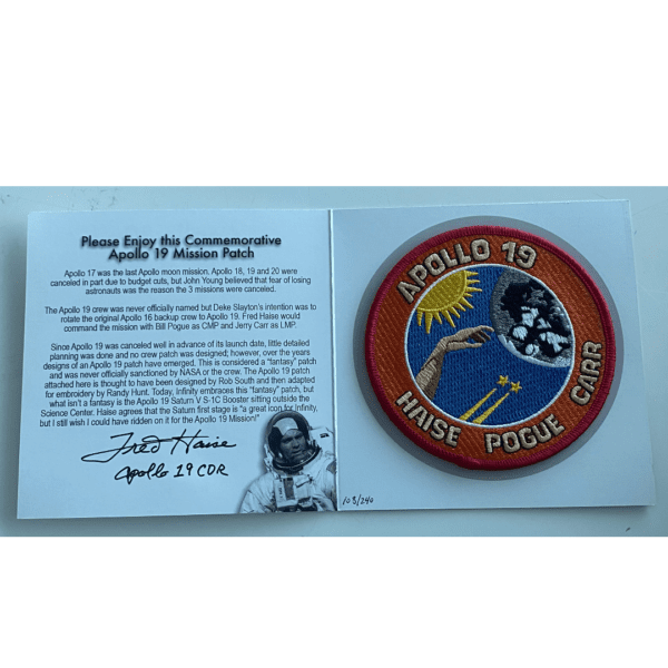 Approach & Landing Patch autographed by Fred Haise, signed by Nasa astronaut John Glenn.