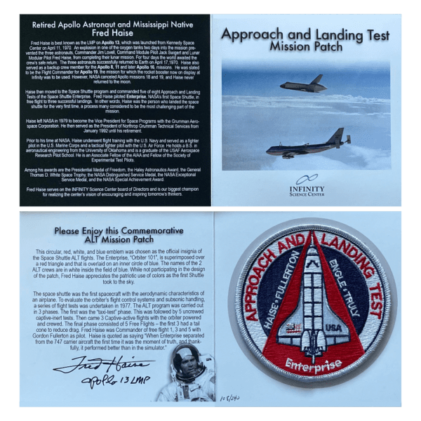 Apollo 13 Mission Patch Cards Autographed by Fred Haise space shuttle approach and landing patch.